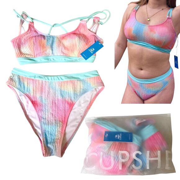 NEW Cupshe SWIMSUIT Womens MED Cotton Candy Tie Dye 2-Piece Bikini Set Mid Rise - Picture 1 of 13